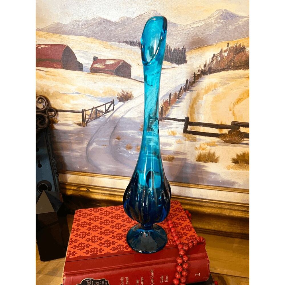 vintage Viking Glass Bluenique Bud Vase Tall Blue Glass Vase Mid Century Modern